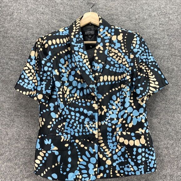 Kasper Blazer Women 10 Black Geometric Collared Button Up Short Sleeve Lined - Picture 3 of 9
